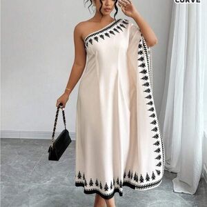 Elegant One-Shoulder White Dress with Black Accents